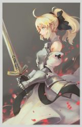Rule 34 | 1girl, ahoge, armor, armored dress, artoria pendragon (fate), black ribbon, blonde hair, blue eyes, border, breasts, caliburn (fate), closed mouth, detached sleeves, excalibur (fate/stay night), fate/stay night, fate (series), from side, gauntlets, hair ribbon, highres, medium breasts, nose, petals, ponytail, profile, ribbon, saber (fate), softmode, solo, standing, white border