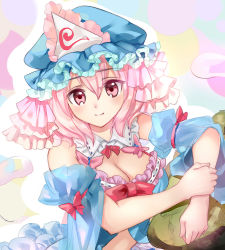 Rule 34 | 1girl, blue hat, bow, breasts, cleavage, closed mouth, frills, hair between eyes, hat, looking at viewer, medium breasts, nagare, pink eyes, pink hair, red bow, ribbon trim, saigyouji yuyuko, see-through, smile, solo, touhou, triangular headpiece, upper body, veil