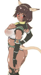 Rule 34 | 00s, 1girl, animal ears, ass, blush, breasts, brown hair, cat ears, cat tail, dagashiya, dark-skinned female, dark skin, elbow gloves, final fantasy, final fantasy xi, gloves, hairband, konbuni, large breasts, mithra (ff11), open mouth, panties, ponytail, see-through, short hair, solo, tail, thong, underwear