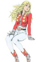 Rule 34 | 1girl, alfin, arm support, belt, belt buckle, blonde hair, blue eyes, boots, buckle, crusher joe, gloves, high heel boots, high heels, jacket, long hair, long sleeves, looking to the side, mihoto kouji, open mouth, pants, popped collar, red jacket, retro artstyle, simple background, sitting, solo, tight clothes, tight pants, white background, white pants