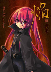Rule 34 | 00s, 1girl, alastor (shakugan no shana), arms at sides, black coat, coat, glowing, hair between eyes, ito noizi, jewelry, long hair, looking at viewer, necklace, pendant, red background, red eyes, red hair, shakugan no shana, shana, solo, v-shaped eyebrows, very long hair