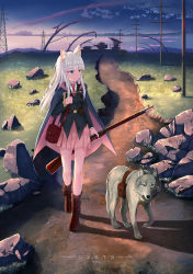Rule 34 | 1girl, animal ears, artist name, bag, blue eyes, boots, brown footwear, cat ears, closed mouth, gun, handbag, highres, holding, holding gun, holding weapon, long hair, looking away, original, outdoors, pink skirt, russian text, scenery, silver hair, sion005, skirt, solo, standing, translated, weapon, wolf