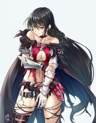 Rule 34 | 1girl, bandages, bandaged arm, bandages, bare shoulders, belt, black hair, braid, breasts, choker, cleavage, cloak, collarbone, cowboy shot, dress, hair between eyes, holding own arm, lips, long hair, low-tied long hair, medium breasts, midriff, navel, short dress, side braid, simple background, solo, tales of (series), tales of berseria, thigh strap, thighs, torn clothes, vambraces, velvet crowe, wakusei-planet, white background, yellow eyes
