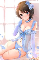 Rule 34 | 1girl, arm support, babydoll, black hair, blue bow, blue choker, blue eyes, blue flower, blue panties, blue rose, blush, bow, bow panties, braid, breasts, bridal garter, bridal gauntlets, choker, cleavage, collarbone, commentary request, day, ex idol, flower, frilled choker, frills, hair flower, hair ornament, hand up, highres, hololive, looking at viewer, medium breasts, midriff, navel, on bed, oozora subaru, panties, parted lips, rose, short hair, side-tie panties, sitting, solo, twitter username, underwear, virtual youtuber