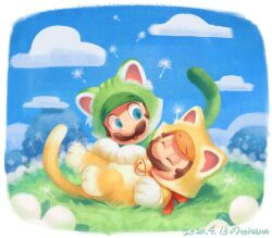 Rule 34 | 2boys, :d, ^ ^, animal costume, animal ears, aqua eyes, bell, blue sky, border, brothers, brown hair, cat costume, cat ears, cat luigi, cat mario, cat tail, closed eyes, cloud, commentary request, dandelion seed, day, facial hair, flower, grass, hill, jingle bell, looking at another, luigi, lying, male focus, mario, mario (series), multiple boys, mustache, neck bell, nintendo, nonana (galaxycat89p13), on back, open mouth, outdoors, red ribbon, ribbon, short hair, siblings, sky, smile, super mario 3d world, tail, white border, white flower