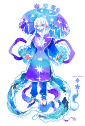 Rule 34 | 1girl, androgynous, artist name, blue bow, blue pants, blue sleeves, bow, coat, color ink (medium), highres, hood, hood down, jellyfish, jellyfish costume, jellyfish girl, large bow, long hair, looking at viewer, maruti bitamin, original, pants, print coat, purple coat, purple eyes, purple footwear, purple theme, star (symbol), star print, traditional media, white background, white hair, white trim, wide sleeves