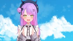 Rule 34 | :d, beret, black hat, blouse, blue sky, blush, braid, breasts, clapping, cloud, collared shirt, dress shirt, fake horns, fangs, french braid, green eyes, grey jacket, hair between eyes, hair bun, hair ornament, hairclip, hands up, hat, highres, hololive, horned headwear, horns, jacket, long hair, long sleeves, looking at viewer, meme, multicolored hair, neon genesis evangelion, off shoulder, omedetou! (meme), open clothes, open jacket, open mouth, parody, pink hair, purple hair, shirt, side bun, single hair bun, single side bun, sky, sleeveless, sleeveless shirt, sleeves past wrists, small breasts, smile, solo, suspenders, tokoyami towa, two-tone hair, upper body, very long hair, virtual youtuber, white shirt, x hair ornament, yoshiheihe