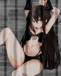 Rule 34 | 1girl, absurdres, arms up, black hair, black panties, black shorts, blush, bound, bound arms, breasts, cleavage, closed mouth, collarbone, crossed bangs, eyes visible through hair, fang, front-tie top, girls&#039; frontline, hair between eyes, headgear, highleg, highleg panties, highres, judge (girls&#039; frontline), leg up, long hair, looking at viewer, medium breasts, navel, panties, prison cell, rope, ru zhai, sangvis ferri, shiny skin, shorts, sidelocks, sitting, solo, stomach, tearing up, thighs, underwear, very long hair, wavy mouth, yellow eyes