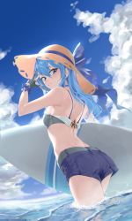 Rule 34 | 1girl, absurdres, ass, back, bikini, bikini top only, bikini under clothes, blue eyes, blue hair, blue sky, bow, breasts, choker, cloud, from behind, gawuiiiaguiii, gloves, grin, hat, hat bow, highres, hololive, hoshimachi suisei, long hair, short shorts, shorts, sky, small breasts, smile, solo, star (symbol), star in eye, sun hat, surfboard, swimsuit, symbol in eye, thighs, virtual youtuber, wading, water