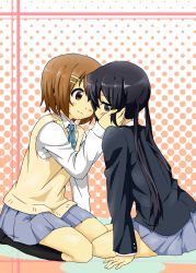 Rule 34 | 2girls, arm support, black hair, blazer, blush, brown eyes, brown hair, eye contact, female focus, hair ornament, hairclip, hand on another&#039;s cheek, hand on another&#039;s face, hirasawa yui, jacket, k-on!, kneeling, long hair, looking at another, looking away, multiple girls, nakano azusa, school uniform, seiza, short hair, sitting, skirt, smile, sweater vest, yoruda, yuri