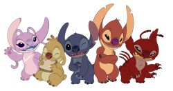 Rule 34 | angel (lilo &amp; stitch), blue fur, experiment 627, flashthewolf, highres, leroy (lilo and stitch), lilo &amp; stitch, no humans, one eye closed, open mouth, orange fur, pink fur, red fur, reuben (lilo &amp; stitch), simple background, stitch (lilo &amp; stitch), teeth, white background, yellow fur