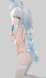 Rule 34 | + +, 1girl, absurdres, ahoge, animal ears, ass, azur lane, bare arms, bare shoulders, blue eyes, bow, braid, breast curtains, breasts, commentary, english commentary, exoius, fake animal ears, fake tail, food, from side, grey background, hair bow, hairband, highres, kneeling, le malin (azur lane), le malin (listless lapin) (azur lane), licking, looking at viewer, low twin braids, medium breasts, official alternate costume, pantyhose, popsicle, rabbit ears, rabbit tail, saliva, saliva trail, sideboob, sidelocks, silver hair, skindentation, solo, tail, thigh strap, tongue, tongue out, twin braids, white bow, white pantyhose