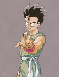 Rule 34 | absurdres, belt, black eyes, black hair, dragon ball, happy, highres, looking at viewer, muscular, muscular male, pink wristband, pointing, pointing at viewer, smile, son gohan, tagme, white belt