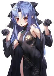 Rule 34 | 1girl, absurdres, alternate costume, bare shoulders, black bow, black dress, black gloves, black jacket, blue archive, blue hair, blush, bow, breasts, china dress, chinese clothes, commentary request, cosplay, crossover, dress, e buki, forehead, gloves, hair bow, highres, jacket, kagetsu tooya, kisaki (blue archive), kisaki (blue archive) (cosplay), len (tsukihime), long hair, looking at viewer, off shoulder, parted bangs, paw pose, pointy ears, red eyes, side slit, simple background, small breasts, solo, tsukihime, white background