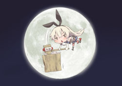 Rule 34 | 10s, 1girl, black panties, chibi, elbow gloves, errant, full moon, gloves, kantai collection, long hair, mallet, moon, night, night sky, panties, personification, shimakaze (kancolle), silver hair, sky, solo, thighhighs, underwear, white gloves, | |, || ||