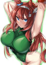 Rule 34 | 1girl, absurdres, animal ears, armpits, arms up, blue eyes, blush, brown hair, cammy white, cammy white (cosplay), commentary request, cosplay, ear ornament, glowing, green leotard, hair between eyes, hair ornament, highleg, highleg leotard, highres, horse ears, horse girl, horse tail, leotard, long hair, looking at viewer, mihono bourbon (umamusume), nagisa (imizogami), parted lips, simple background, solo, street fighter, tail, umamusume, very long hair, white background