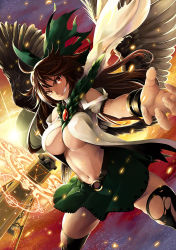 Rule 34 | 1girl, belt, black thighhighs, bow, bracer, breasts, brown hair, commentary request, cowboy shot, dutch angle, feathered wings, fingernails, green skirt, grin, hair bow, highres, holding, holding weapon, ishida kazuma, legs apart, light particles, long hair, looking at viewer, midriff, navel, no bra, open clothes, reaching, reaching towards viewer, red eyes, reiuji utsuho, shirt, short sleeves, skirt, smile, standing, sun, sword, thighhighs, torn clothes, torn hair ribbon, torn legwear, touhou, underboob, weapon, white shirt, wings, zettai ryouiki