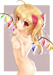 Rule 34 | 1girl, ahoge, ass, asymmetrical hair, blonde hair, blush, border, breasts, collarbone, crystal, flandre scarlet, hair ornament, hair ribbon, highres, looking at viewer, mgr (mogutyper), mogupuchi, nipples, no headwear, nude, outside border, red eyes, ribbon, side ponytail, simple background, small breasts, smile, solo, touhou, wings