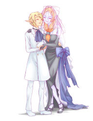 Rule 34 | 1boy, 1girl, black dress, black wedding dress, bow, bridal veil, bride, colored skin, dress, elbow gloves, elf, closed eyes, formal, gloves, good end, grey skin, holding hands, height difference, hetero, high heels, inumimi moeta, link, long hair, midna, midna (true), nintendo, orange hair, pointy ears, size difference, spoilers, suit, the legend of zelda, the legend of zelda: twilight princess, veil, wedding dress