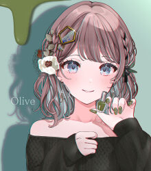 Rule 34 | 1girl, aqua background, bare shoulders, black sweater, blue eyes, blush, bottle, braid, brown hair, collarbone, commentary request, earrings, green nails, hair ornament, hands up, highres, holding, holding bottle, jewelry, long sleeves, looking at viewer, nail polish, off-shoulder sweater, off shoulder, original, parted lips, puffy long sleeves, puffy sleeves, puracotte, sleeves past wrists, smile, solo, sweater, upper body