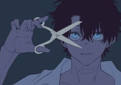 Rule 34 | 1boy, black hair, blue eyes, close-up, collarbone, collared shirt, fate/grand order, fate (series), grey background, hand up, highres, holding, holding scissors, male focus, parted lips, scar, scar on neck, scissors, shirt, simple background, solo, upper body, urup zzz, white shirt