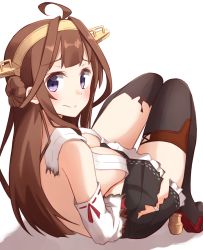 Rule 34 | 10s, 1girl, ahoge, black skirt, black thighhighs, breasts, brown hair, detached sleeves, double bun, hair bun, hairband, headgear, highres, japanese clothes, kantai collection, kapatarou, kongou (kancolle), large breasts, long hair, nontraditional miko, pleated skirt, purple eyes, ribbon-trimmed sleeves, ribbon trim, simple background, skirt, smile, solo, thighhighs, torn clothes, torn thighhighs, white background