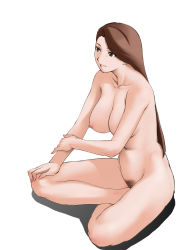 Rule 34 | 1girl, ace attorney, arisawa masaharu, breasts, brown eyes, brown hair, capcom, crossed legs, female focus, female pubic hair, full body, large breasts, long hair, mature female, mia fey, nipples, nude, pubic hair, simple background, solo, white background