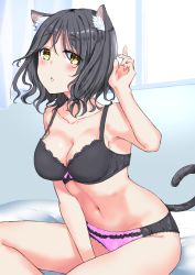 Rule 34 | 1girl, animal ears, arm up, backlighting, bad id, bad pixiv id, bed sheet, between legs, black bra, black hair, blush, bow, bow bra, bra, breasts, brown eyes, cat ears, cat tail, cleavage, collarbone, commentary, curtains, hand between legs, highres, indoors, kuronekomimi (saku), lace, lace-trimmed bra, lace-trimmed panties, lace trim, leaning forward, legs, light blush, light frown, lips, looking at viewer, medium breasts, navel, on bed, original, panties, parted lips, pink panties, saku (syake135), short hair, sitting, solo, tail, underwear, underwear only, window