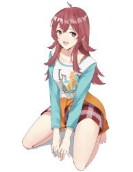 Rule 34 | 1girl, :d, absurdres, ahoge, barefoot, between legs, brown eyes, brown hair, clothes around waist, clothes writing, commentary request, gar32, hair between eyes, hand between legs, highres, idolmaster, idolmaster shiny colors, kneeling, komiya kaho, long hair, long sleeves, looking at viewer, open mouth, plaid, plaid skirt, raglan sleeves, red skirt, shadow, shirt, simple background, skirt, smile, solo, very long hair, white background, white shirt