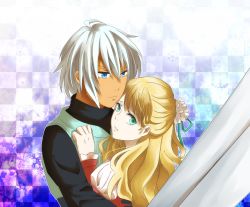 Rule 34 | 1boy, 1girl, armor, blonde hair, blue eyes, claire bennett, flower, frills, green eyes, highres, long hair, sword, tales of (series), tales of rebirth, veigue lungberg, weapon, white hair