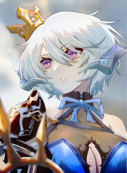Rule 34 | 1girl, absurdres, armor, bare shoulders, blue dress, blue ribbon, breasts, chinese commentary, cleavage, close-up, commentary, couter, crown, curled horns, dragon girl, dress, fafnir (masterwork apocalypse), grey hair, grey horns, hair between eyes, halter dress, halterneck, highres, horns, kongbai huanxiang, large breasts, looking to the side, masterwork apocalypse, medium hair, neck ribbon, parted lips, pauldrons, purple eyes, ribbon, shoulder armor, single pauldron, solo, teeth, upper body