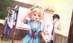 1boy 1girl :d belt blonde_hair blue_belt blue_sailor_collar blue_skirt blurry bow box brown_eyes brown_hair cardboard_box chalkboard cinderella_series classroom crossover depth_of_field dutch_angle film_grain game_cg green_bow hachigatsu_no_cinderella_nine hair_bow hand_on_own_hip high_ponytail highres indoors kita_high_school_uniform kyon lens_flare light_particles looking_at_viewer necktie non-web_source official_art open_mouth red_necktie sailor_collar school_uniform serafuku shirt short_hair short_sleeves skirt smile sparkle suzumiya_haruhi_no_yuuutsu takanashi_yuzu unworn_clothes white_shirt whiteboard wooden_floor