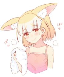 Rule 34 | 10s, 1girl, :3, alternate costume, ancolatte (onikuanco), animal ear fluff, animal ears, bare shoulders, blonde hair, blush, collarbone, commentary request, extra ears, fennec (kemono friends), fox ears, highres, kemono friends, short hair, simple background, sleeveless, solo, spaghetti strap, sweatdrop, tank top, towel, translation request, upper body, white background