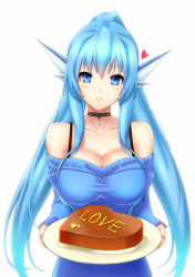 Rule 34 | 1girl, bare shoulders, blue eyes, blue hair, breasts, candy, chocolate, chocolate heart, choker, cleavage, detached sleeves, english text, fins, food, head fins, heart, jewelry, large breasts, lintanghaseo, long hair, matching hair/eyes, off-shoulder, off-shoulder sweater, off shoulder, original, pendant, solo, split ponytail, sweater, valentine