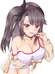 Rule 34 | 1girl, are you 333, arm support, arm under breasts, azur lane, bare shoulders, black hairband, blush, breast rest, breasts, brown hair, cardigan, cherry print, cleavage, commentary request, dress, fang, food print, hairband, hand up, highres, hip focus, large breasts, leaning forward, lock necklace, long hair, looking at viewer, open cardigan, open clothes, pamiat merkuria (azur lane), pamiat merkuria (sweet cherry memories) (azur lane), pink eyes, pulling own clothes, side ponytail, solo, strap pull, strap slip, teasing, thighs, undressing, very long hair, white dress