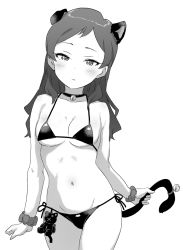 Rule 34 | 1girl, :&lt;, animal ears, bell, bikini, blush, breasts, cat ears, cat tail, choker, clenched hand, collarbone, commentary, dot nose, english commentary, expressionless, fake animal ears, greyscale, half-closed eyes, highres, holding tail, idolmaster, idolmaster million live!, kitazawa shiho, long hair, looking at viewer, medium breasts, minazuki tooru, monochrome, navel, neck bell, scrunchie, solo, stomach, string bikini, stuffed animal, stuffed cat, stuffed toy, swimsuit, tail, tail bell, tail ornament, thighs, white background, wrist scrunchie