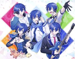Rule 34 | 5boys, ;d, blue eyes, blue hair, gloves, guitar, headphones, highres, iceman desu, instrument, kaito (vocaloid), leo/need (project sekai), leo/need kaito, long sleeves, male focus, more more jump! (project sekai), more more jump! kaito, multiple boys, multiple persona, one eye closed, open mouth, project sekai, scarf, smile, vivid bad squad (project sekai), vivid bad squad kaito, vocaloid, wonderlands x showtime (project sekai), wonderlands x showtime kaito
