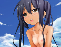 Rule 34 | 1girl, bad id, bad pixiv id, black hair, breasts, brown eyes, cloud, crying, crying with eyes open, day, eto, k-on!, long hair, nakano azusa, nipples, one-piece tan, open mouth, round teeth, sky, small breasts, solo, tan, tanline, tears, teeth, twintails