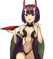 Rule 34 | 1girl, :d, absurdres, bare shoulders, blush, breasts, commentary request, cowboy shot, cup, fangs, fate/grand order, fate (series), highres, horns, korean commentary, looking at viewer, nail polish, navel, open mouth, purple eyes, purple hair, red nails, revealing clothes, sakazuki, short hair, shuten douji (fate), simple background, skin-covered horns, small breasts, smile, solo, sookmo, thick eyebrows, white background