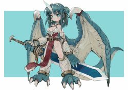 Rule 34 | 1girl, bare shoulders, belt, black ribbon, blue background, blue eyes, blue hair, border, breasts, bright pupils, claws, closed mouth, criss-cross halter, double bun, dragon girl, dragon tail, dragon wings, earrings, ebimomo, full body, hair bun, hair ribbon, halterneck, highres, holding, holding sword, holding weapon, horns, huge weapon, jewelry, looking at viewer, medium breasts, medium hair, monster girl, original, pelvic curtain, ribbon, scales, single horn, slit pupils, solo, sword, tail, weapon, white border, white pupils, wings