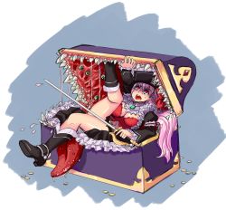 Rule 34 | 10s, 1girl, boots, box, breasts, bustier, captain liliana, cleavage, frills, hat, highres, in box, in container, kekekeke, large breasts, long hair, mimic, monster, monster chest, open mouth, pink hair, pirate, pirate hat, queen&#039;s blade, queen&#039;s blade rebellion, red eyes, skirt, sword, teeth, thighs, tongue, treasure chest, very long hair, vore, weapon