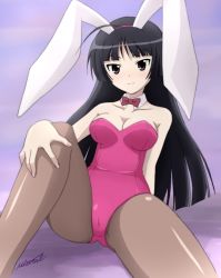 Rule 34 | 1girl, animal ears, arm support, bare shoulders, black eyes, black hair, blush, bow, bowtie, breasts, rabbit ears, playboy bunny, cleavage, detached collar, fake animal ears, female focus, hime cut, jewelpet (series), jewelpet sunshine, long hair, looking at viewer, miastral violet, mizushiro kanon, pantyhose, sitting, smile, solo, spread legs
