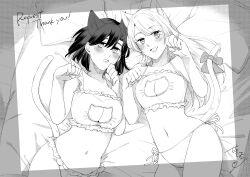 Rule 34 | 2girls, absurdres, animal ears, breasts, cat ears, cat lingerie, commission, highres, irene (ricky barnes), jewelry, large breasts, maya (ricky barnes), meme attire, monochrome, multiple girls, navel, on bed, original, paw pose, ribbon, ring, sekihara umina, skeb commission, stomach, tail, tail ornament, tail ribbon, wedding ring