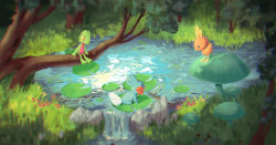 Rule 34 | absurdres, commentary, creatures (company), day, eye contact, game freak, gen 3 pokemon, grass, highres, huge filesize, lily pad, looking at another, mudkip, nintendo, no humans, outdoors, pokemon, pokemon (creature), pond, ricardo contreras, rock, sitting, standing, starter pokemon trio, torchic, treecko, water