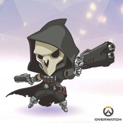 Rule 34 | 1boy, artist request, chibi, copyright name, dual wielding, full body, gun, holding, hood, lowres, male focus, mask, official art, overwatch, overwatch 1, reaper (overwatch), solo, weapon