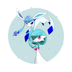 Rule 34 | alternate color, arm up, blue background, blue hair, blue sclera, blue skin, bob cut, border, colored sclera, colored skin, cowboy shot, creatures (company), flat chest, game freak, gardevoir, gen 3 pokemon, gen 4 pokemon, glaceon, hair over one eye, hand up, happy, highres, looking down, multicolored skin, nintendo, one eye covered, open mouth, outside border, pink eyes, pokemon, pokemon (creature), round image, rve, shiny pokemon, short hair, smile, standing, two-tone skin, white border, white eyes, white skin