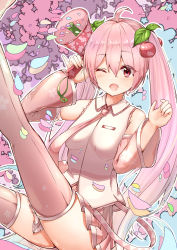 Rule 34 | 1girl, absurdres, ahoge, aqua hair, bare shoulders, belt, cherry blossom print, cherry blossoms, cherry hair ornament, commentary, detached sleeves, floral print, food-themed hair ornament, gradient hair, hair ornament, hatsune miku, highres, holding, holding megaphone, light blush, long hair, looking at viewer, megaphone, miniskirt, multicolored hair, necktie, one eye closed, open mouth, ore-artstudio, pink eyes, pink hair, pink necktie, pink skirt, pink sleeves, pink theme, pink thighhighs, pleated skirt, sakura miku, shirt, skirt, sleeveless, sleeveless shirt, smile, solo, thighhighs, twintails, very long hair, vocaloid, white shirt, zettai ryouiki