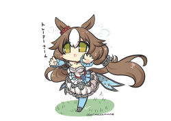 Rule 34 | 1girl, :d, absurdres, animal ears, blue pantyhose, blue sleeves, blush stickers, breasts, brown eyes, brown hair, chibi, cleavage, detached sleeves, dress, goma (gomasamune), grass, highres, horse ears, horse girl, horse tail, long hair, long sleeves, low twintails, medium breasts, multicolored hair, open mouth, outstretched arms, pantyhose, running, simple background, smile, solo, tail, translation request, twintails, two-tone hair, umamusume, very long hair, white background, white dress, white hair, yamanin zephyr (umamusume)
