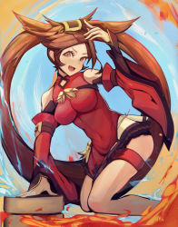Rule 34 | 1girl, absurdres, breasts, brown eyes, brown hair, china dress, chinese clothes, covered navel, detached sleeves, dress, fang, godsh0t, guilty gear, highres, impossible clothes, kneeling, kuradoberi jam, long hair, looking at viewer, open mouth, smile, solo, thigh strap, very long hair