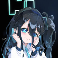 Rule 34 | 1girl, absurdly long hair, aris (blue archive), arm support, black background, black hair, blue archive, blue eyes, blue necktie, coat, collared shirt, commentary request, hair between eyes, hair ornament, hairband, halo, head rest, highres, long bangs, long hair, long hair between eyes, long sleeves, looking at viewer, necktie, one side up, open clothes, open coat, pleated skirt, portrait, school uniform, shirt, sidelocks, signature, simple background, skirt, smile, solo, very long hair, white coat, white shirt, xishuu (user dvah3828)